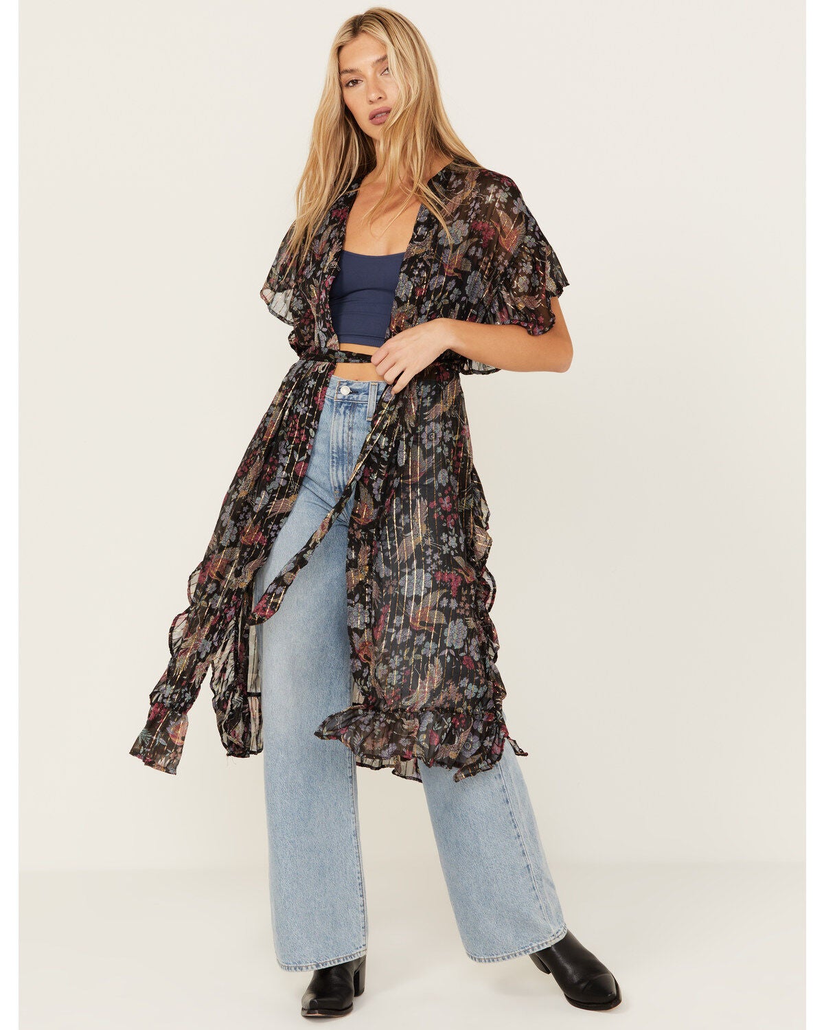 Angie Women's Floral Bird Print Ruffle Kimono, Black, hi-res