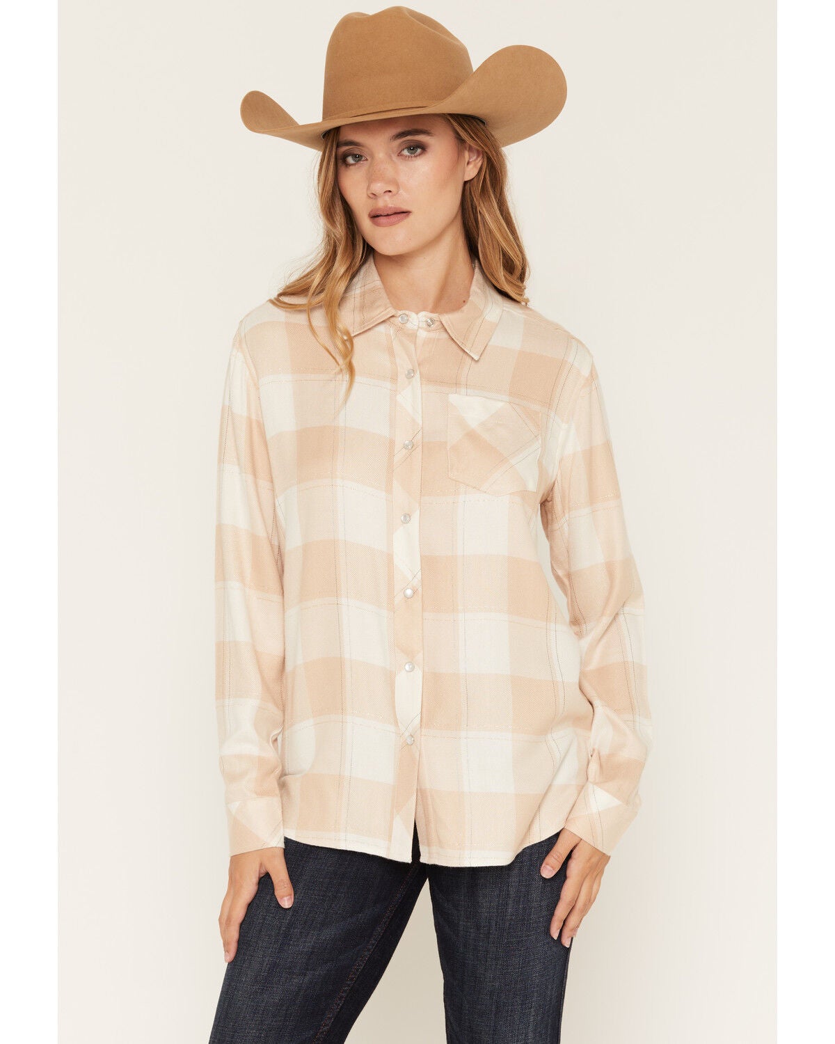 Image #1 - Idyllwind Women's Milligan Plaid Print Lurex Long Sleeve Pearl Snap Flannel Shirt, Cream, hi-res