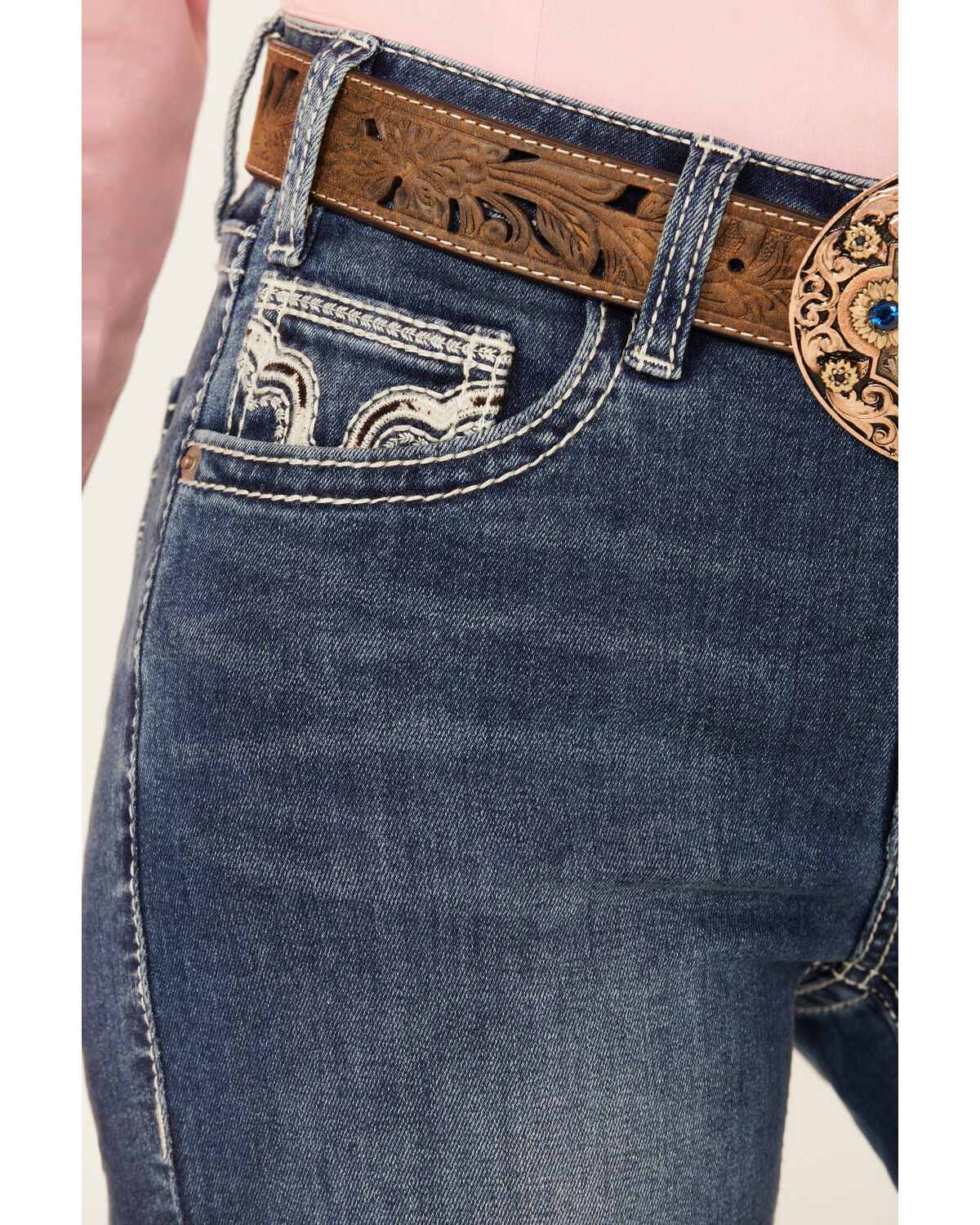 Image #4 - Rock & Roll Denim Women's Medium Wash Mid Rise Cowhide Pocket Bootcut Stretch Denim Jeans, Medium Wash, hi-res