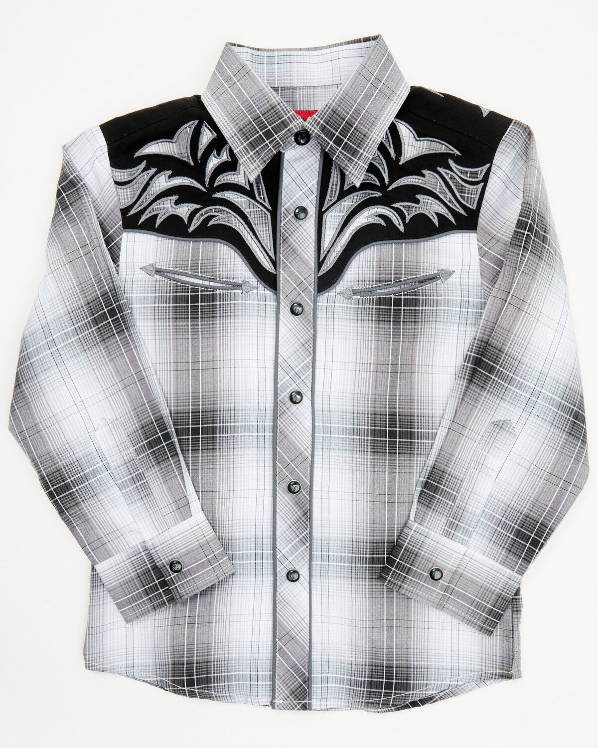 Rodeo Clothing Boys' Plaid Print Embroidered Long Sleeve Snap Western Shirt, Black/white, hi-res