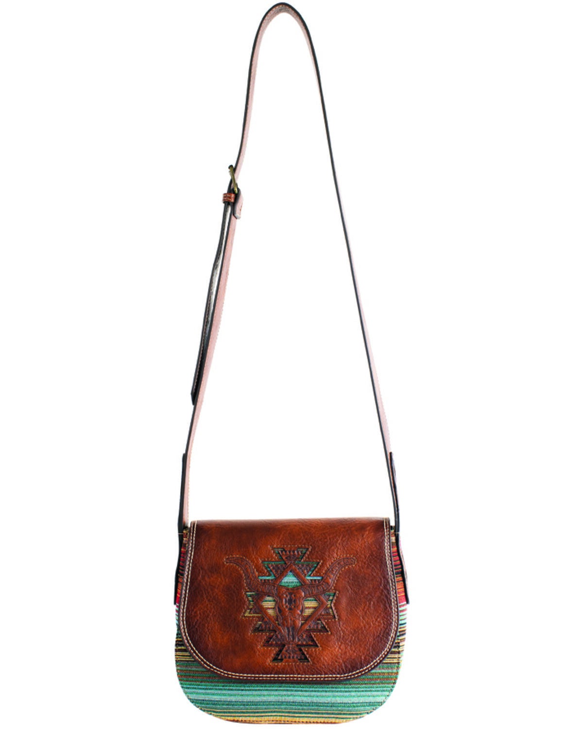Catchfly Women's Southwestern Steerhead Crossbody Saddle Bag, Brown, hi-res
