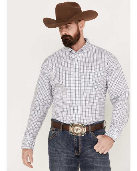 George Straight by Wrangler Men's Plaid Print Long Sleeve Button Down Western Shirt - Big & Tall, Light Purple, hi-res