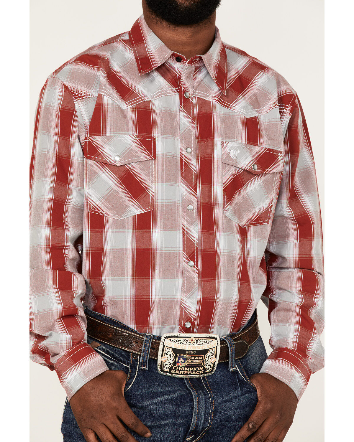 Image #3 - Cowboy Hardware Men's Burgundy Hombre Plaid Long Sleeve Pearl Snap Western Shirt, Burgundy, hi-res