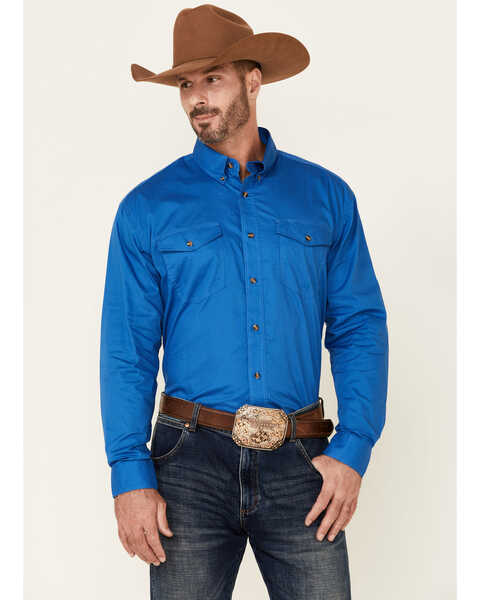 Roper Men's Solid Amarillo Collection Long Sleeve Western Shirt, Royal, hi-res