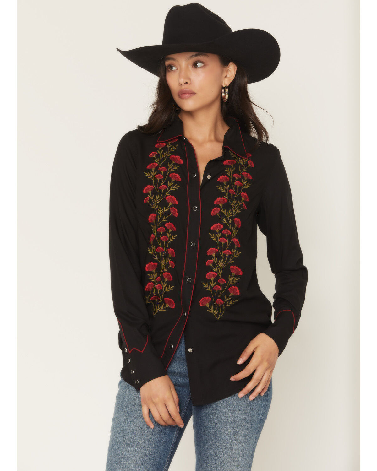 Rock & Roll Denim Women's Floral Embroidered Retro Snap Western Shirt, Black, hi-res