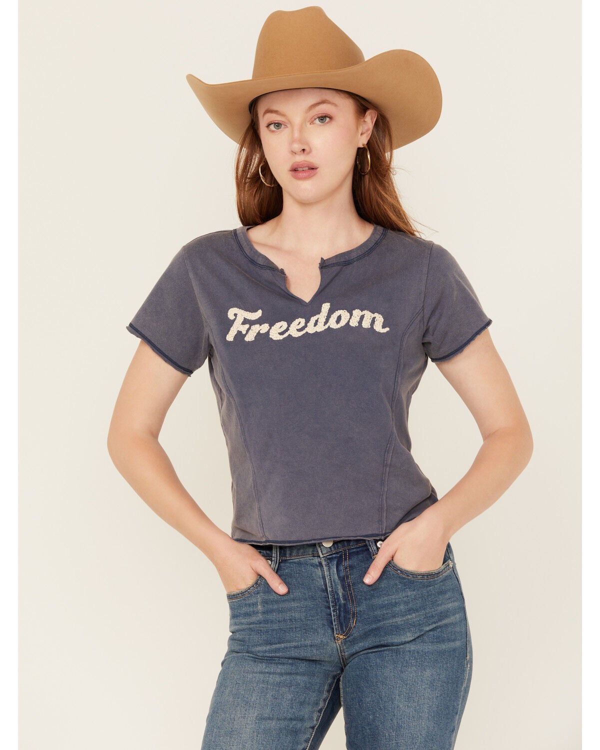 Cleo + Wolf Women's Freedom Short Sleeve Graphic Baby Tee, Navy, hi-res
