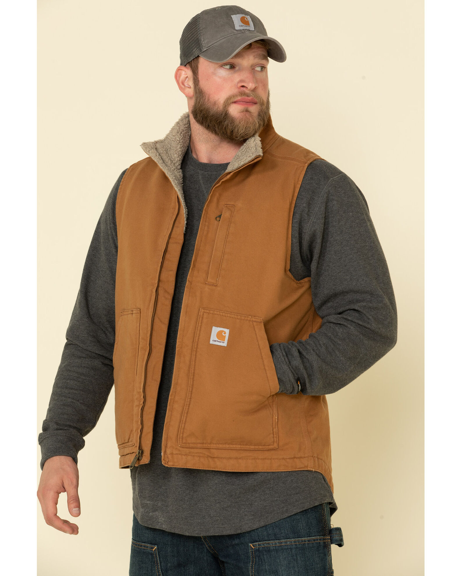 Carhartt Men's Brown Washed Duck Sherpa Lined Mock Neck Work Vest