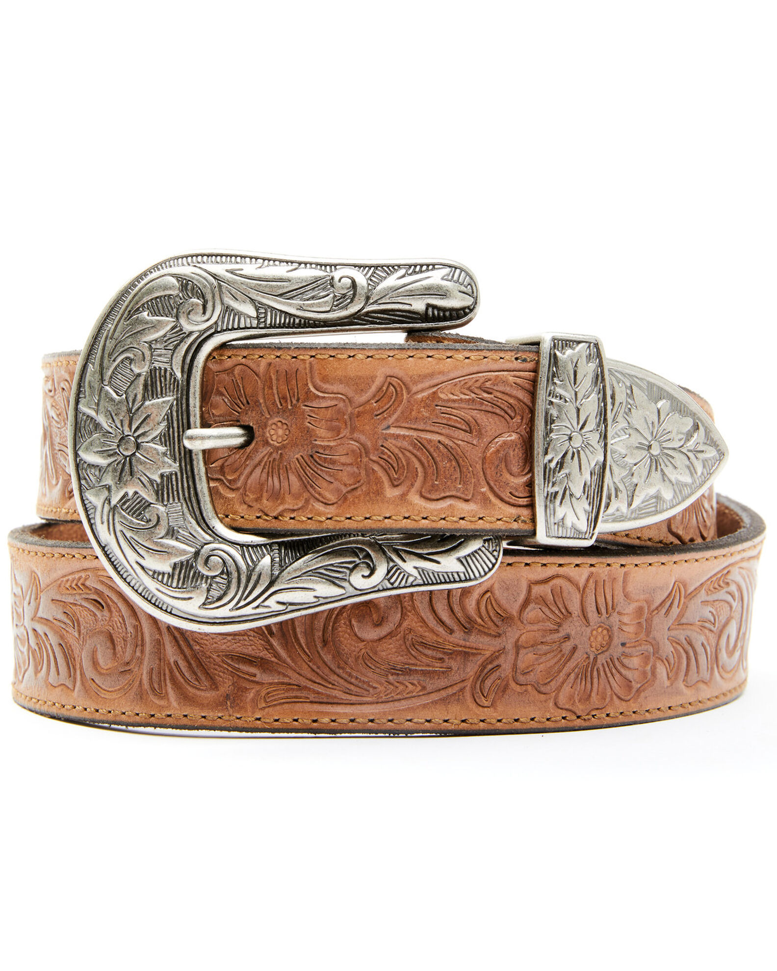 Extra Long Leather Belt with 3pc Buckle Set - Floral Dk. Brown