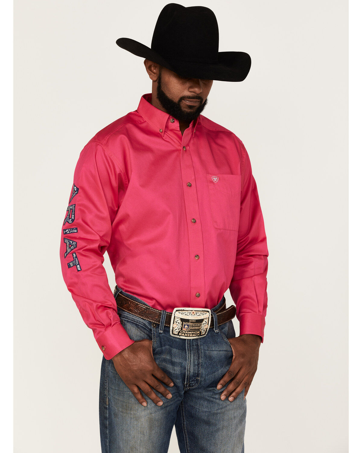 Image #1 - Ariat Men's Leather Tool Solid Pink Team Logo Long Sleeve Button-Down Western Shirt, Pink, hi-res