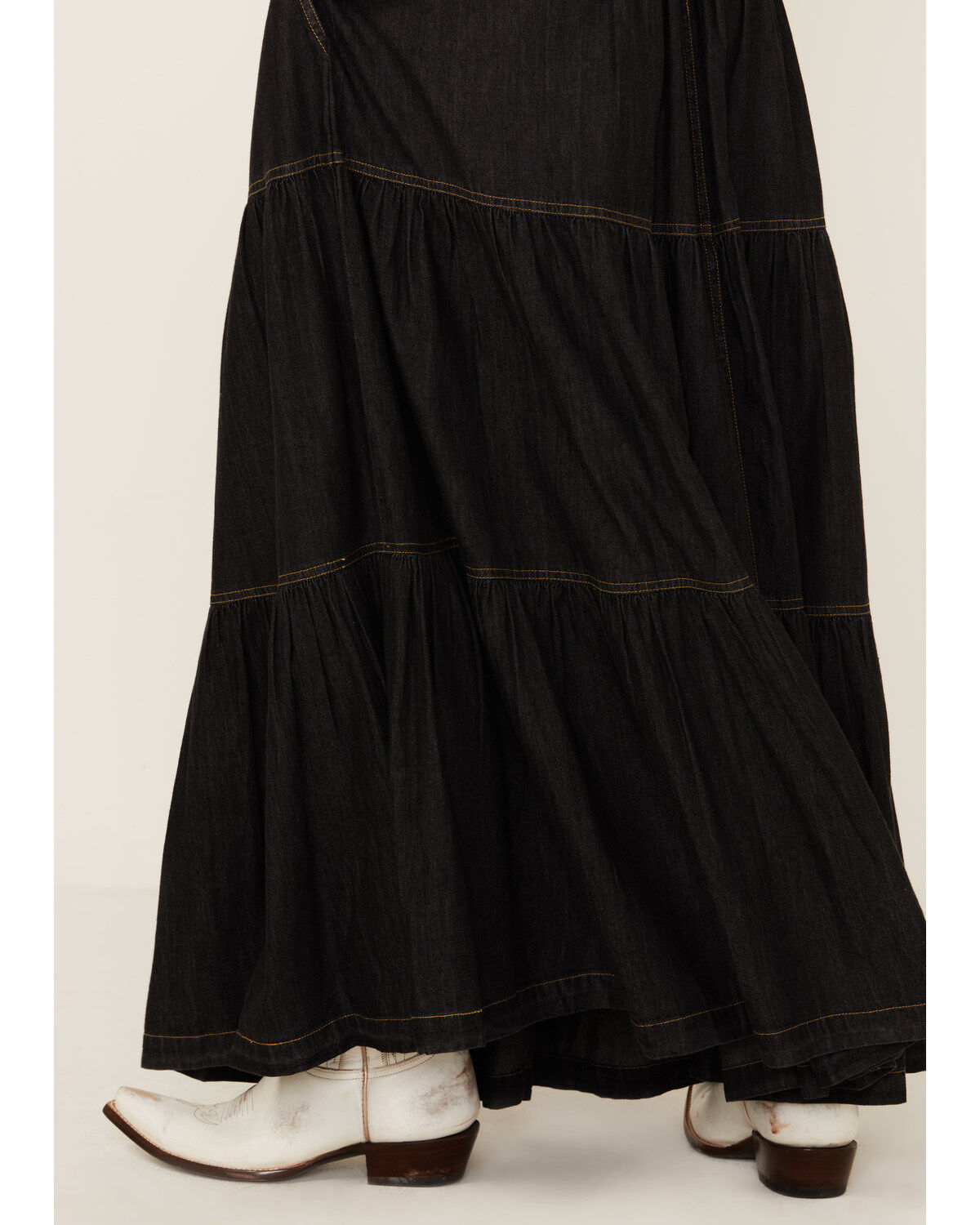 Image #4 - Revel Women's Tiered Denim Maxi Skirt, Black, hi-res