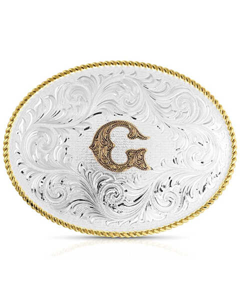 Montana Silversmiths Classic Western Oval Two-Tone Initial Belt Buckle - G, Silver, hi-res