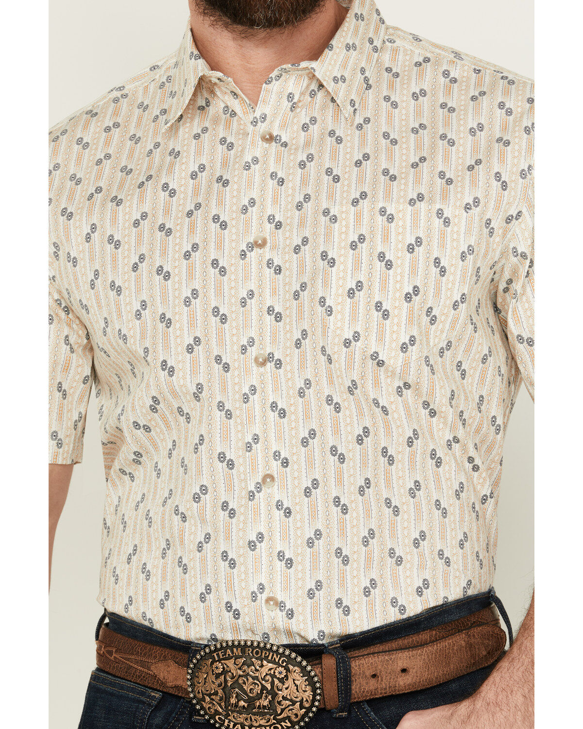 Image #4 - Gibson Men's Vintage Vibe Geo Print Short Sleeve Button-Down Western Shirt, Ivory, hi-res