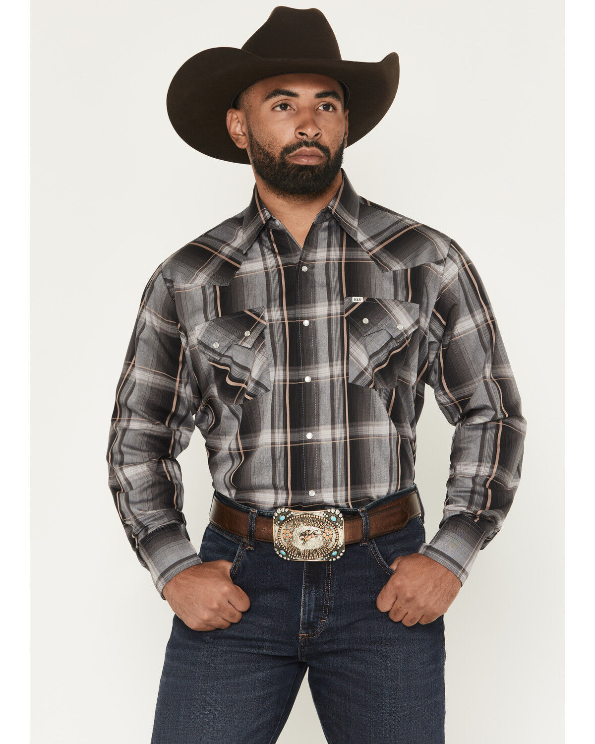 Image #1 - Ely Walker Men's Plaid Print Long Sleeve Pearl Snap Western Shirt, Black, hi-res