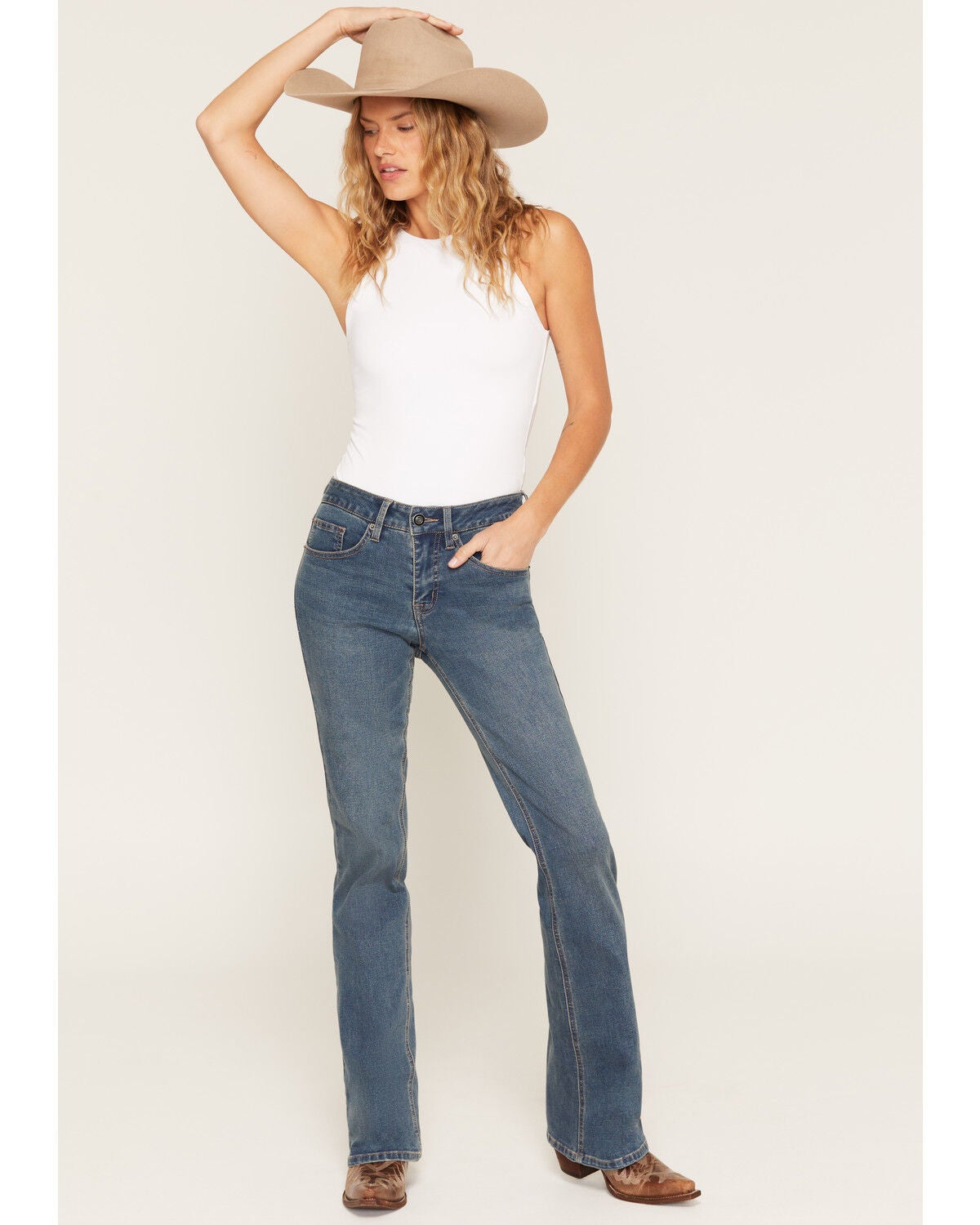 Rock & Roll Denim Women's Medium Wash Mid Rise Sculpted Vintage Bootcut Stretch Denim Jeans, Medium Wash, hi-res