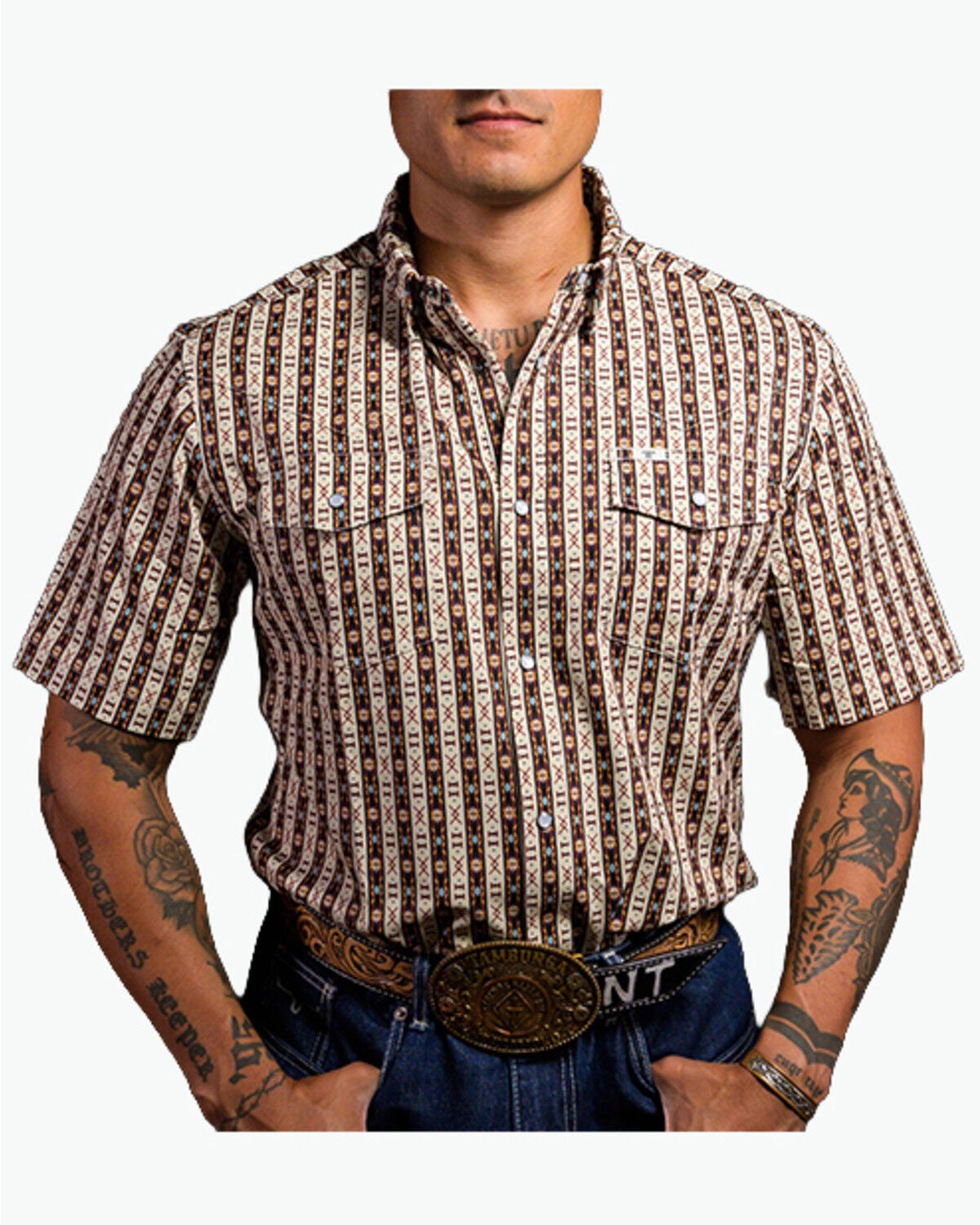 Ferrell Men's Tek Senior Southwestern Striped Print Short Sleeve Snap Performance Western Shirt, Brown, hi-res