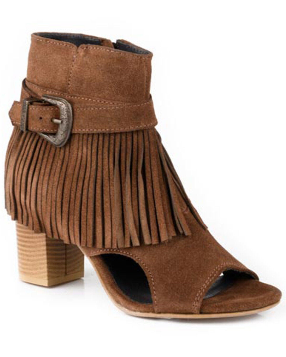 Roper Women's Mike Fringe Buckle Sandals, Brown, hi-res