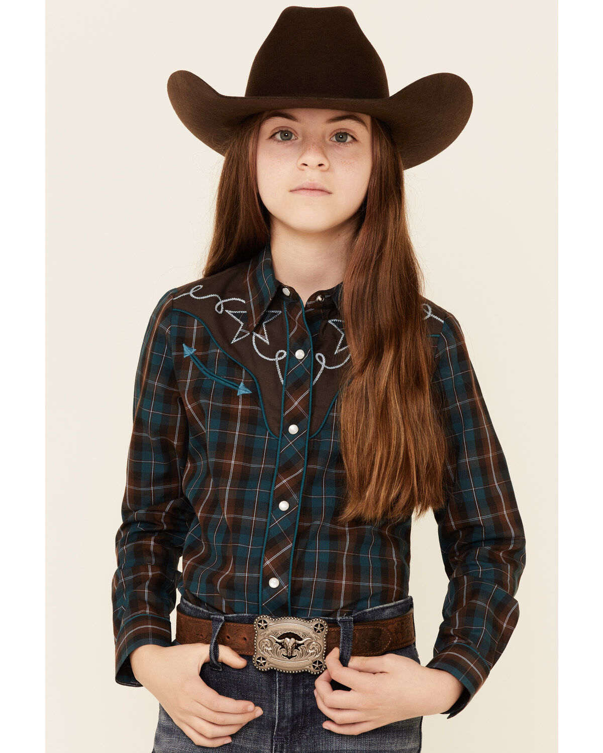 Image #1 - Roper Girls' Windowpane Plaid Print Fancy Yoke Long Sleeve Pearl Snap Western Shirt, Brown, hi-res
