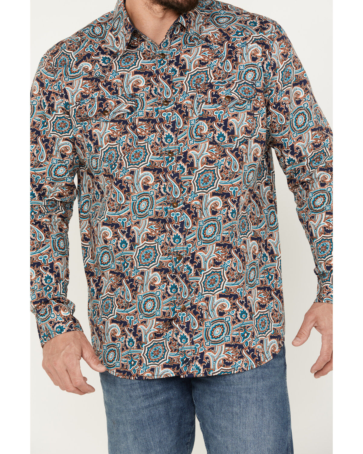 Image #3 - Moonshine Spirit Men's Gypsy Club Paisley Print Long Sleeve Western Snap Shirt, Navy, hi-res