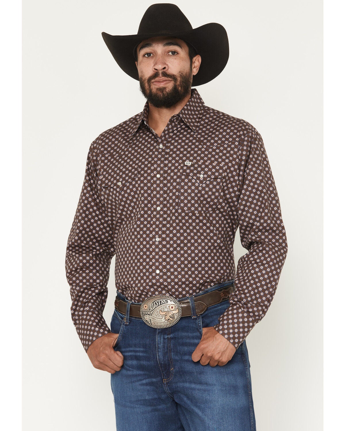 Ely Walker Men's Geo Print Long Sleeve Pearl Snap Western Shirt, Brown, hi-res