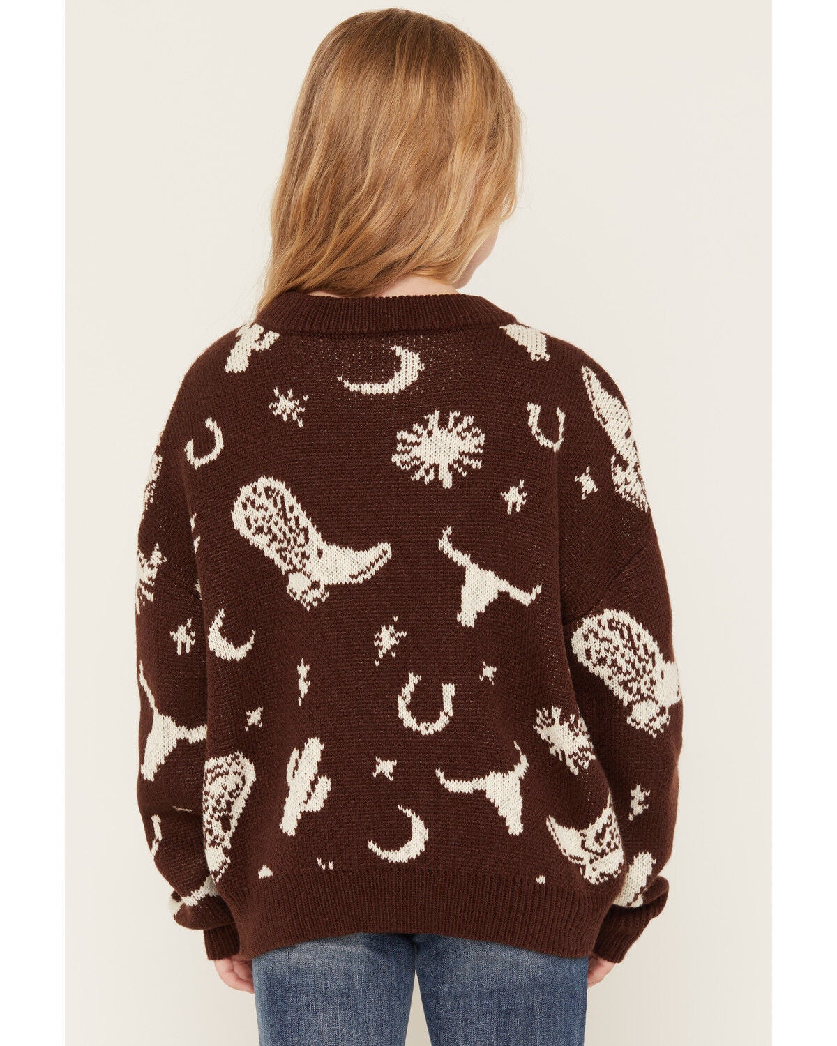 Image #4 - Rock & Roll Denim Girls' Western Print Sweater, Chocolate, hi-res