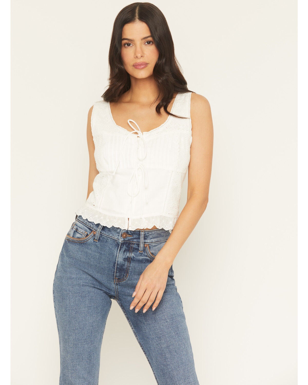 Miss Me Women's Eyelet Sleeveless Tie Front Top, White, hi-res