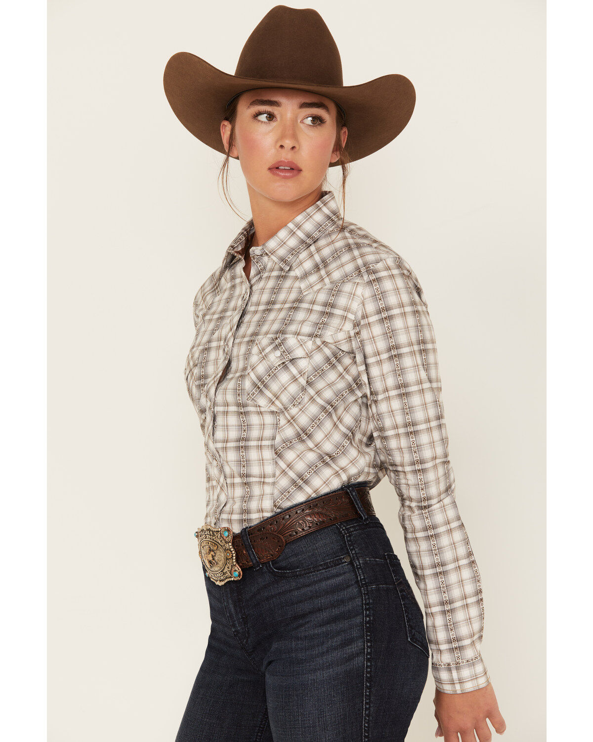 Image #2 - Rough Stock by Panhandle Women's Long Sleeve Dobby Plaid Print Snap Western Shirt, , hi-res