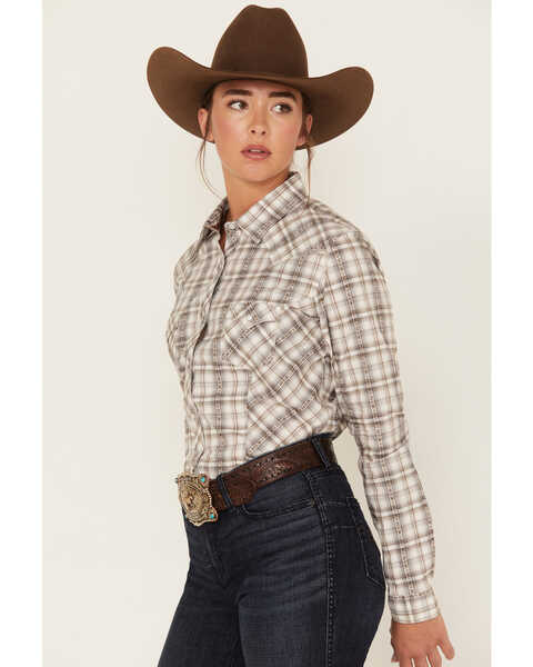Rough Stock by Panhandle Women's Long Sleeve Dobby Plaid Print Snap Western Shirt, Beige/khaki, hi-res