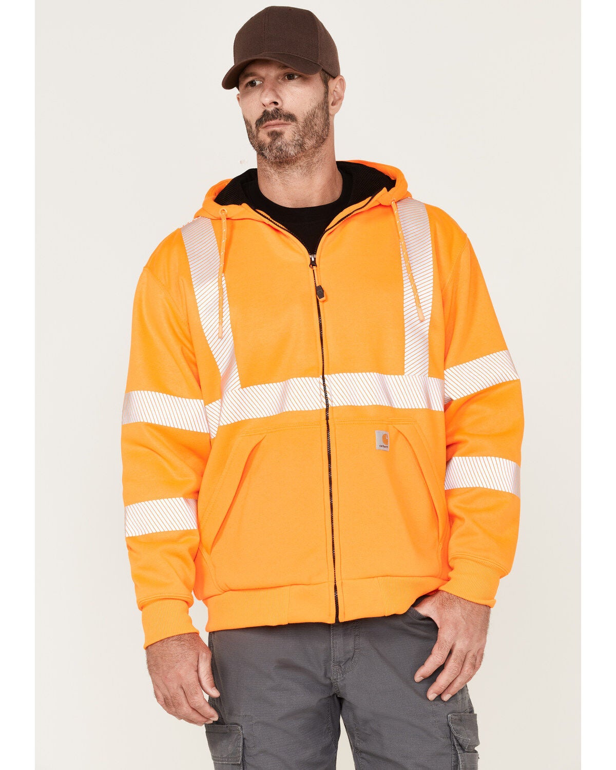 Carhartt Men's Hi-Vis Brite Orange Loose Fit Thermal Full-Zip Hooded Work Sweatshirt, Bright Orange, hi-res