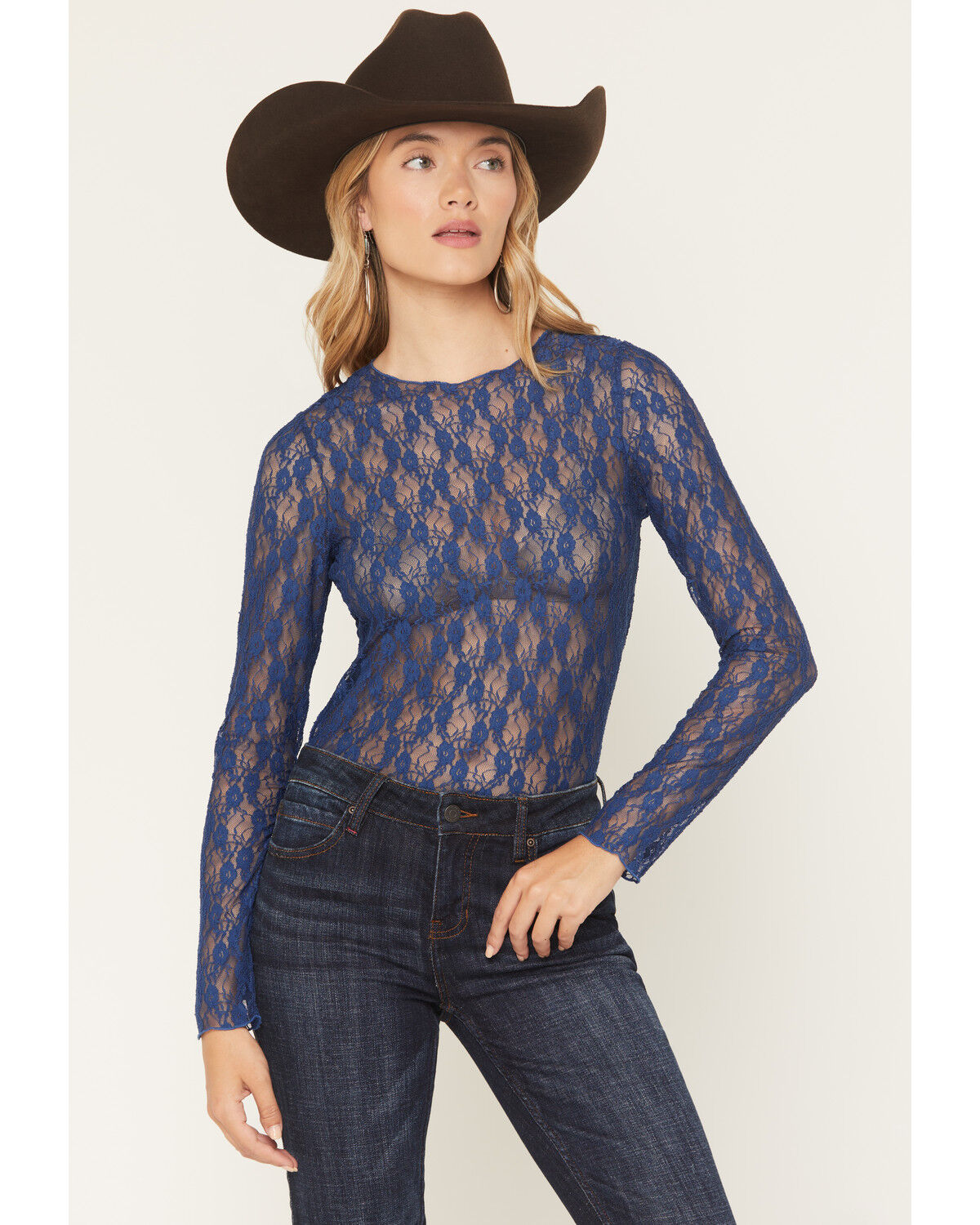 Image #1 - Ash & Violet Women's Solid Lace Long Sleeve Sheer Shirt, Blue, hi-res