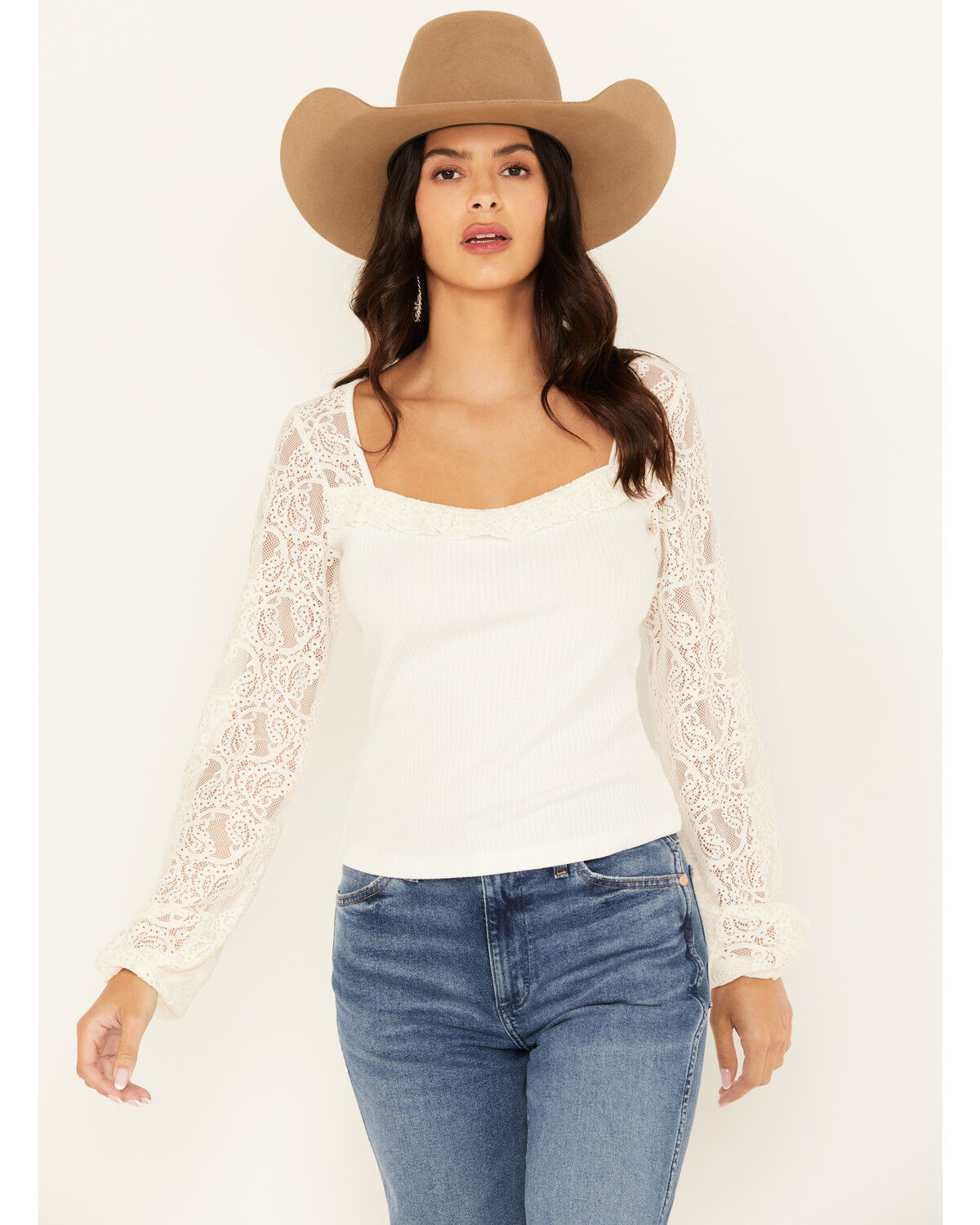 Image #1 - Shyanne Women's Lace Sleeve Rib Long Sleeve Top, Off White, hi-res