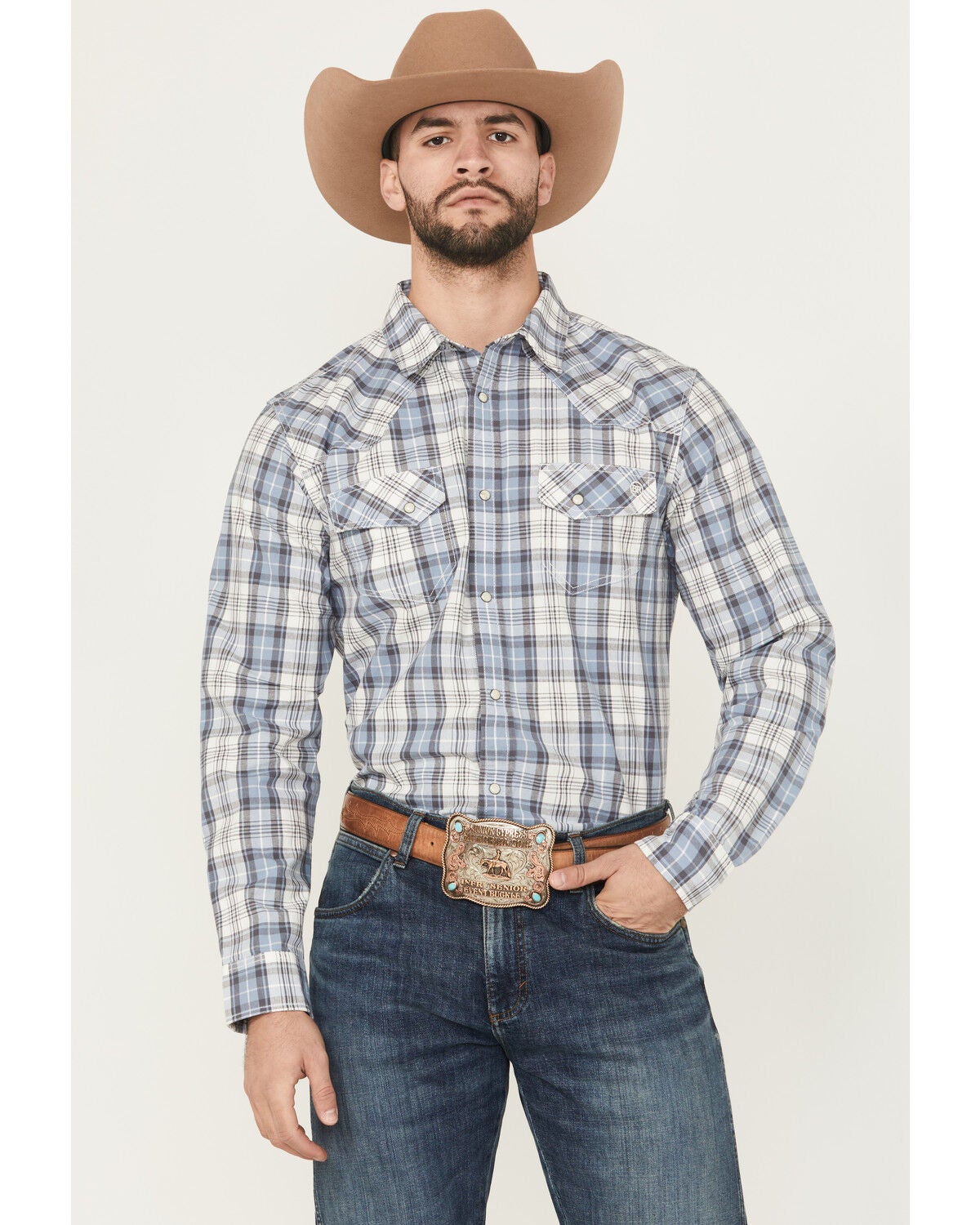 Blue Ranchwear Men's Meadow Plaid Print Long Sleeve Snap Western Shirt, Light Blue, hi-res