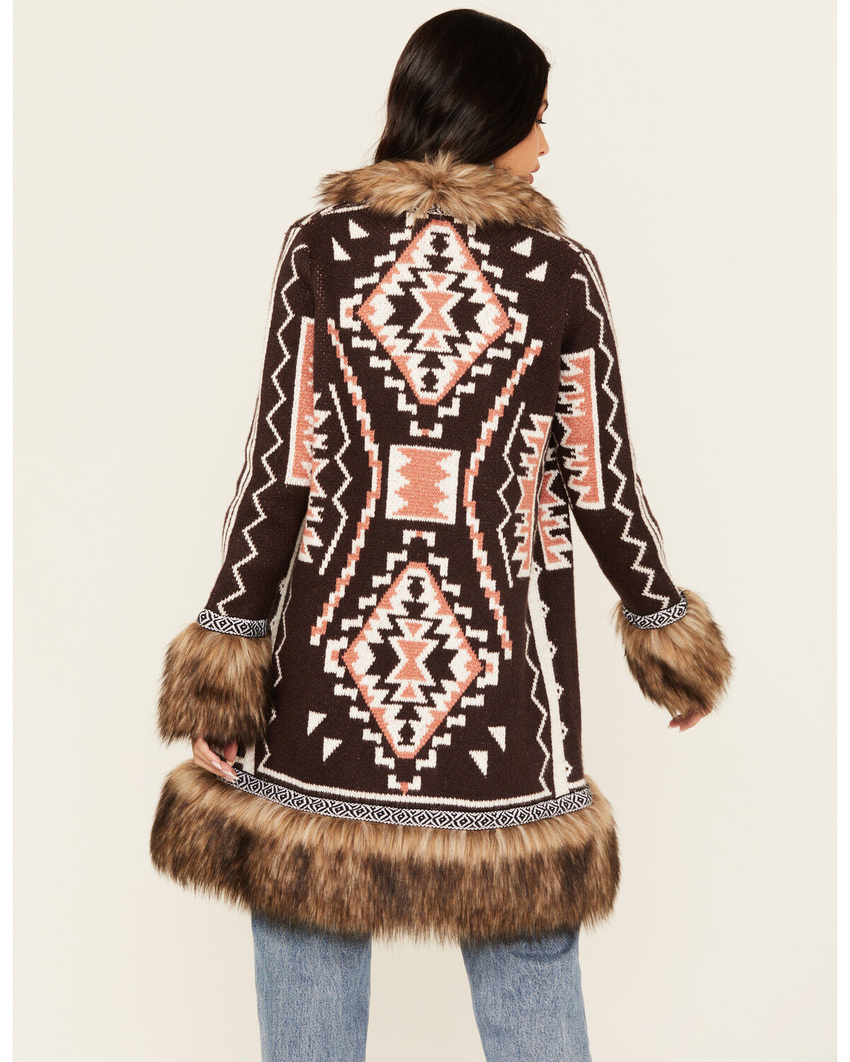 Image #4 - Shyanne Women's Southwestern Print Faux Fur Cardigan, Chocolate, hi-res