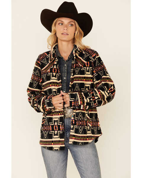 Outback Trading Co Women's Avery Southwestern Print Long Sleeve Button Down Western Big Shirt , Navy, hi-res