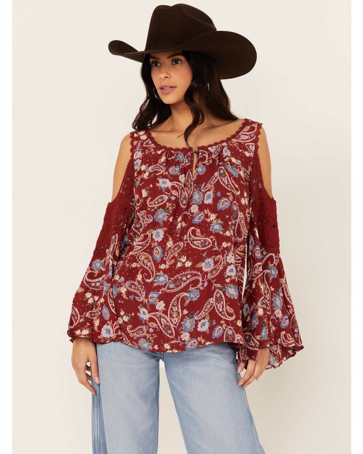 Bila Women's Floral Print Long Sleeve Cold Shoulder Shirt, Brick Red, hi-res