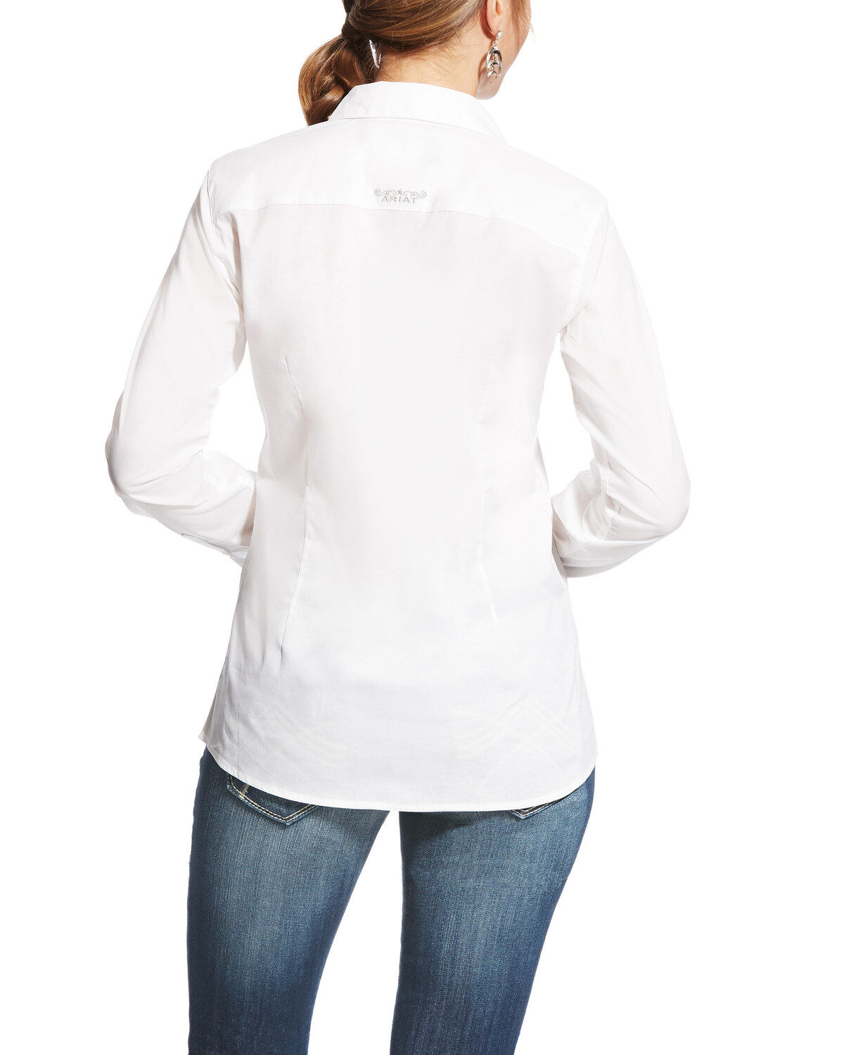 Women's white stretch button down shirt clearance