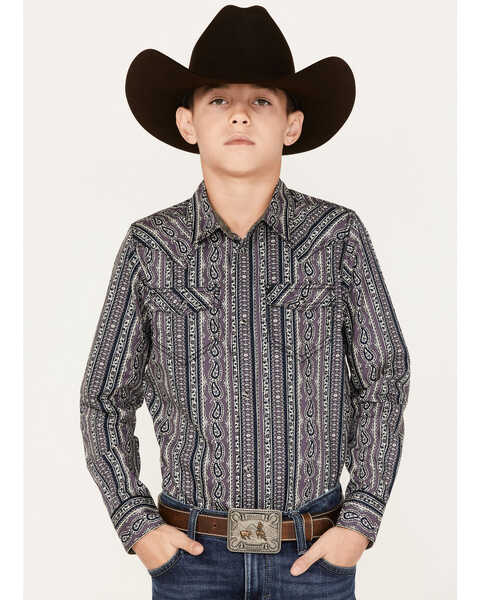 Cody James Boys' Paisley Stripe Print Long Sleeve Snap Western Shirt, Purple, hi-res