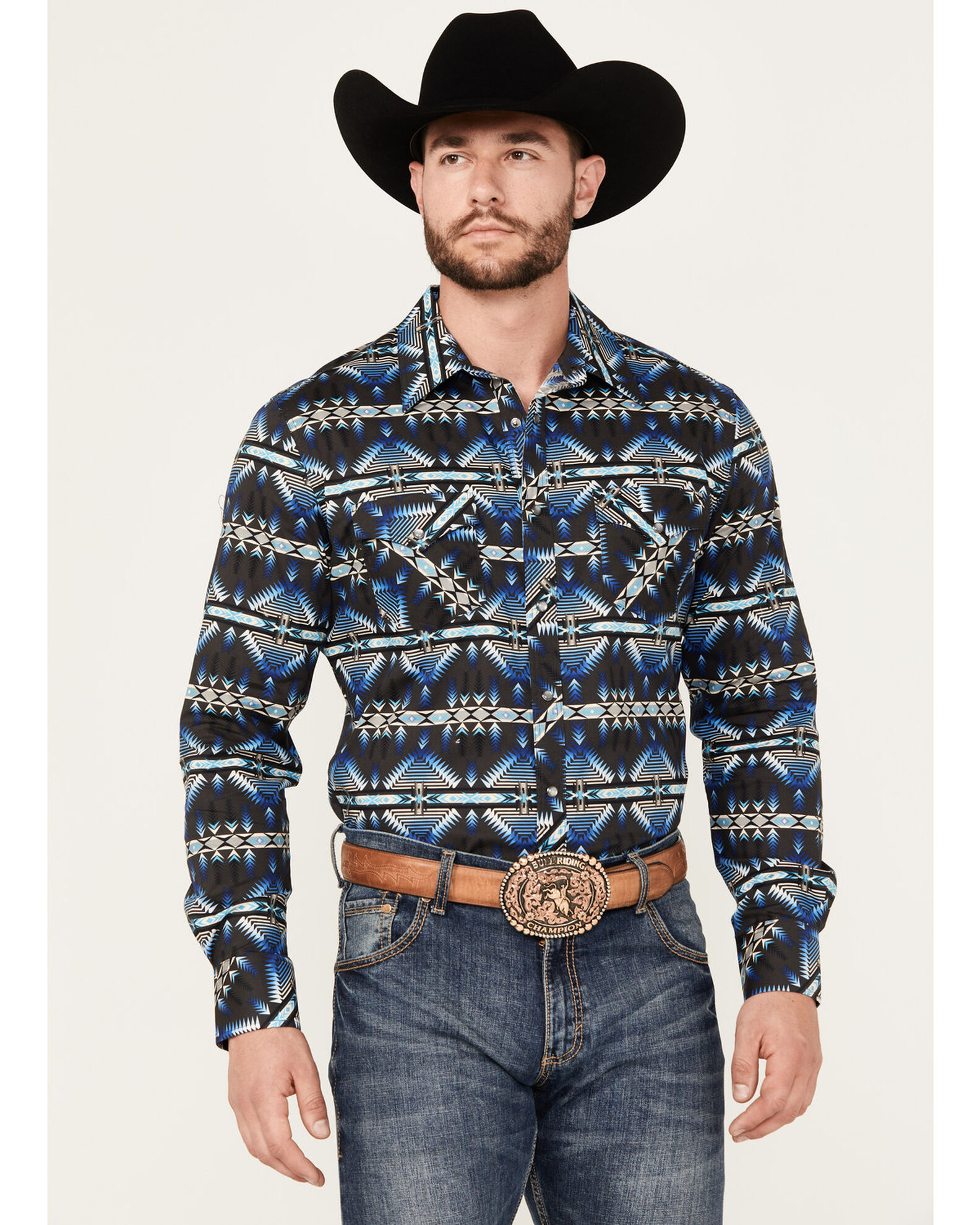 Rock & Roll Denim Men's Southwestern Print Long Sleeve Pearl Snap Stretch  Western Shirt