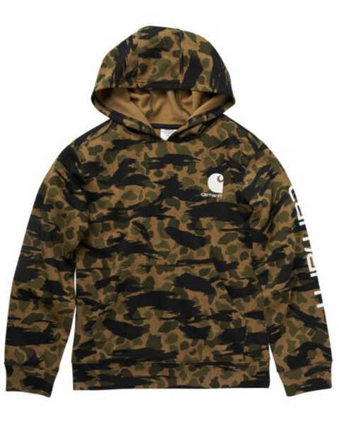 Carhartt Boys' Camo Print Logo Fleece Hooded Pullover, Camouflage, hi-res