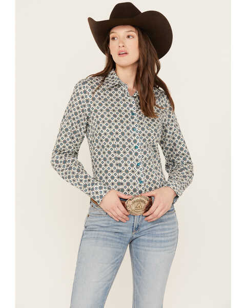 Cinch Women's Geo Print Long Sleeve Button Down Western Shirt, Cream, hi-res