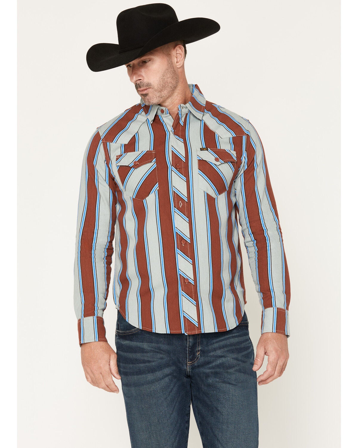 Image #1 - Seager Men's Amarillo Striped Long Sleeve Button-Down Western Shirt, Red, hi-res