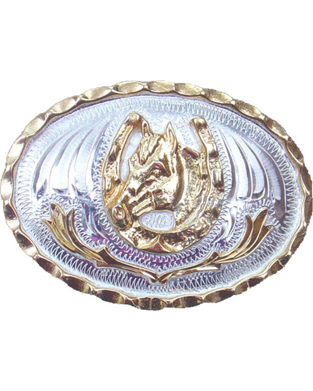 Western Express Small Horsehead and Horseshoe Belt Buckle, Silver, hi-res