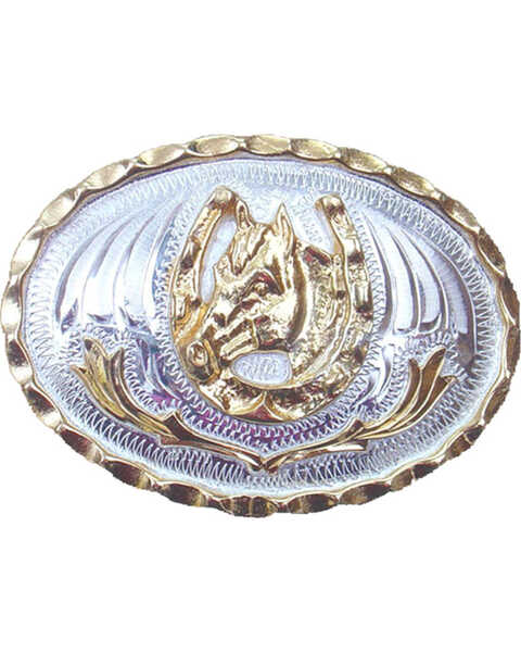 Western Express Men's Small Horsehead and Horseshoe Belt Buckle , Silver, hi-res