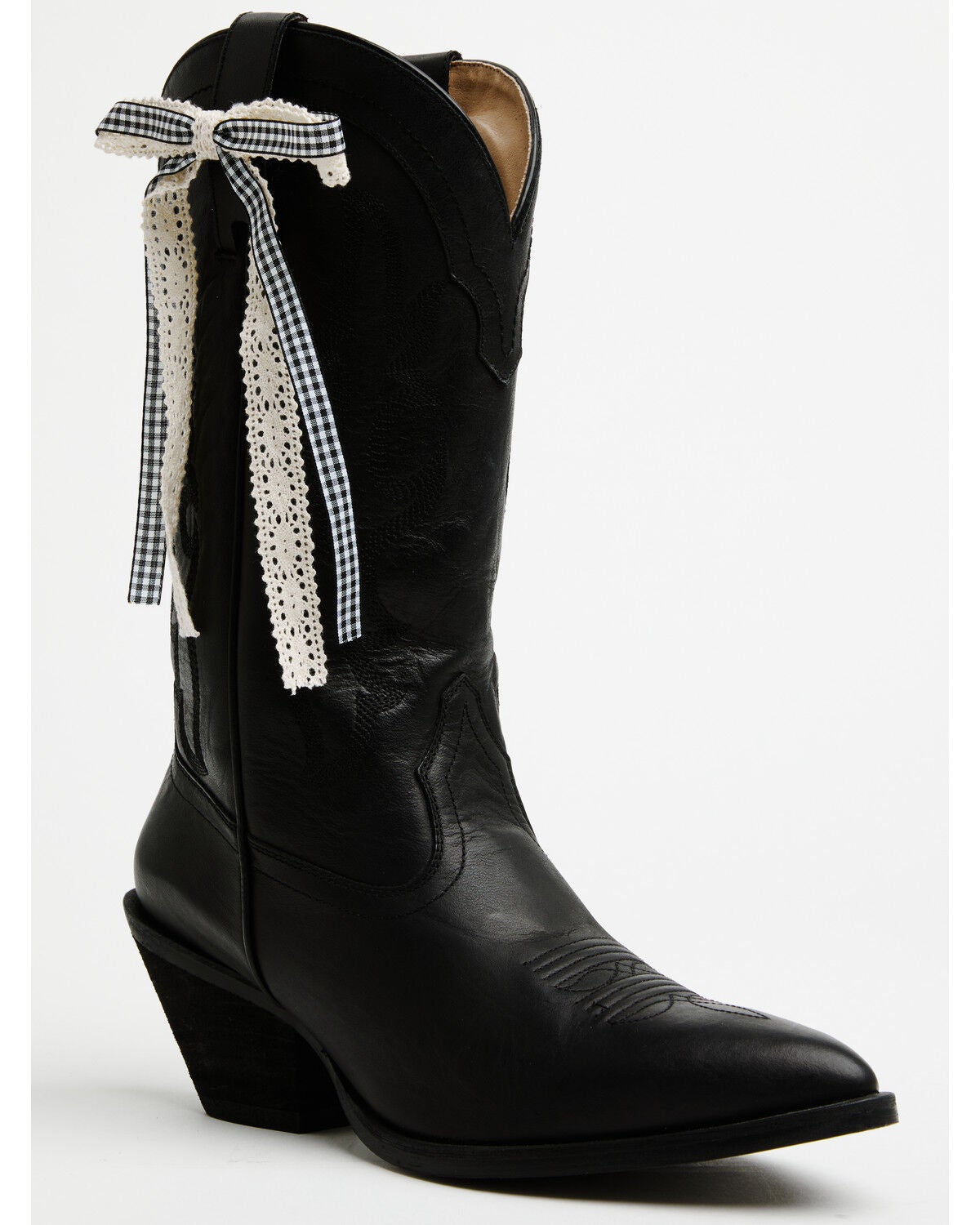 Shyanne Women's Gingham Lace Boot Bow, Black, hi-res