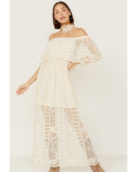 Wishlist Women's Off Shoulder Lace Overlay Maxi Dress , Off White, hi-res