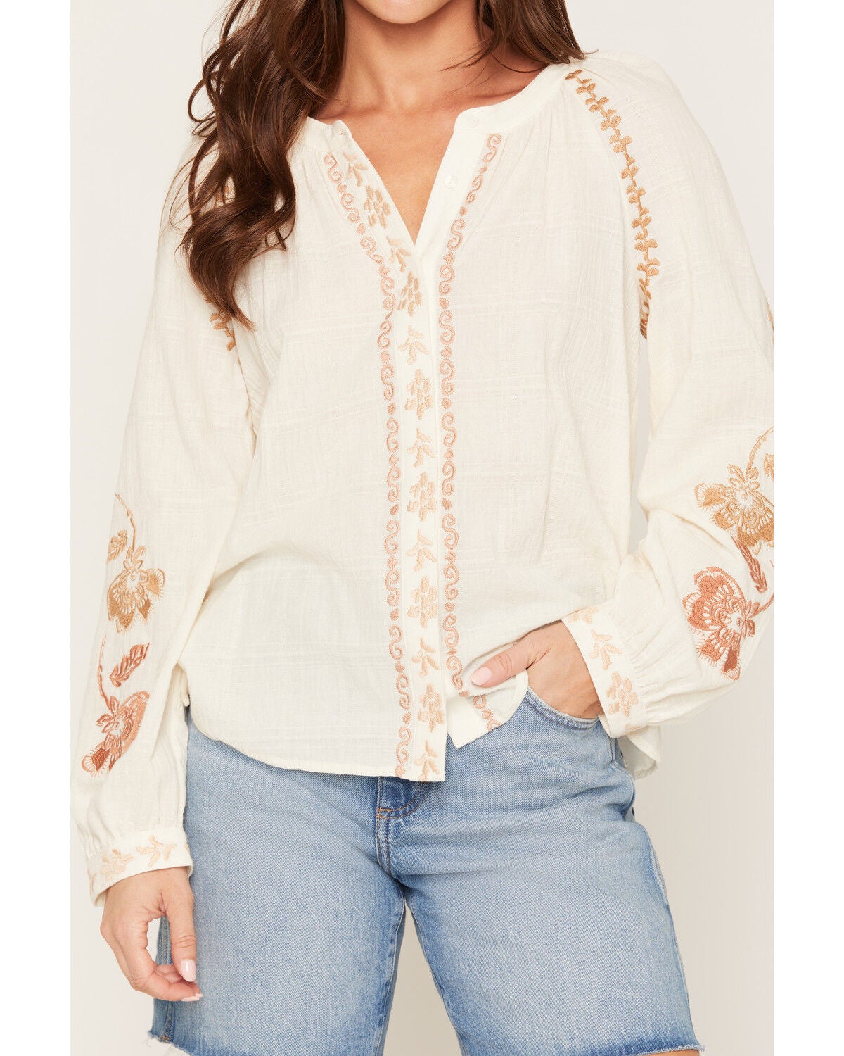 Image #3 - Lovestitch Women's Long Sleeve Embroidered Peasant Top, Natural, hi-res