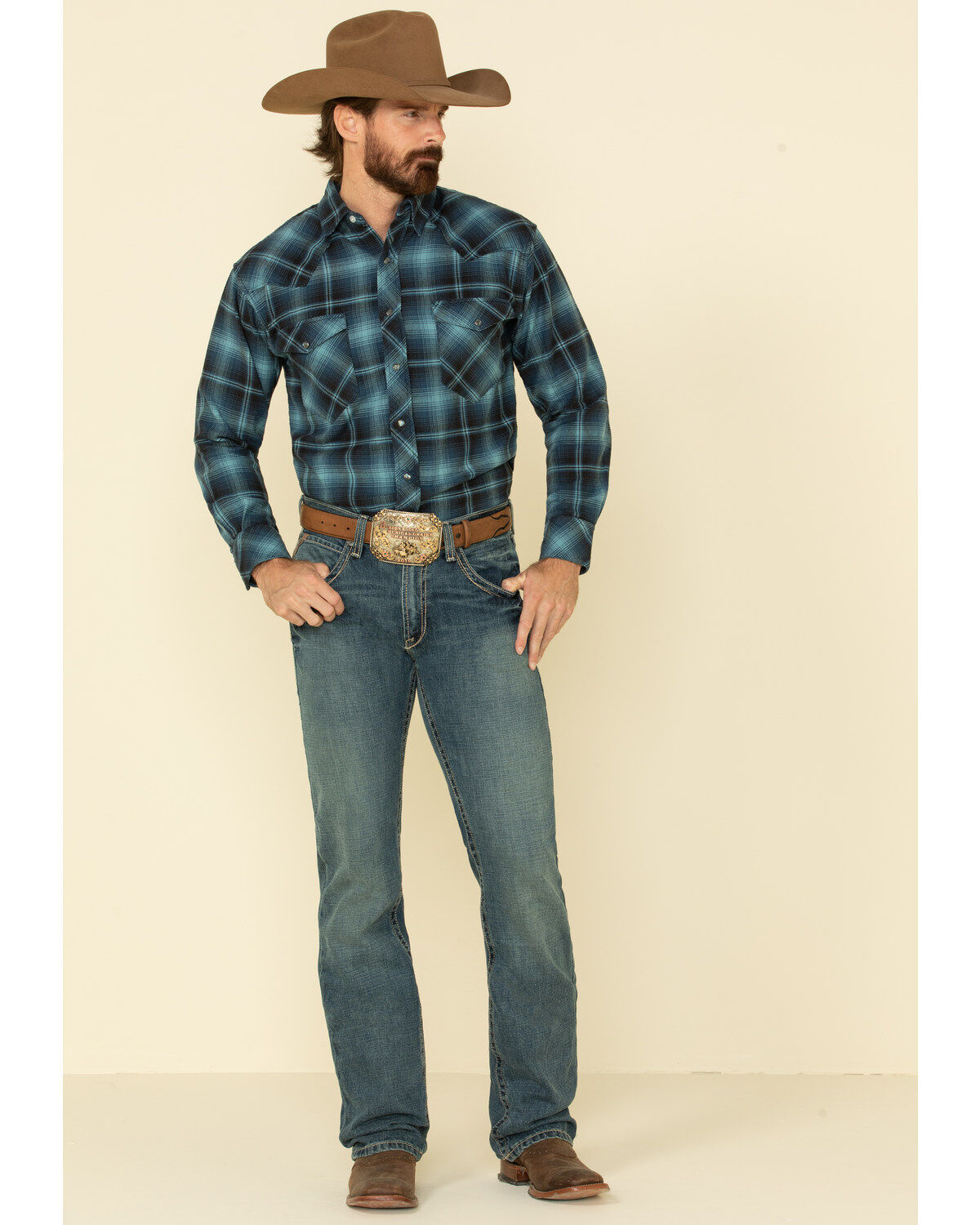 Image #3 - Resistol Men's Ombre Large Plaid Print Long Sleeve Western Snap Shirt, Blue, hi-res