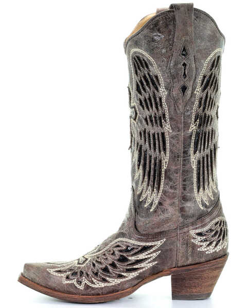 Image #3 - Corral Women's Distressed Black Sequin Cross & Wing Inlay Cowgirl Boots - Snip Toe, , hi-res