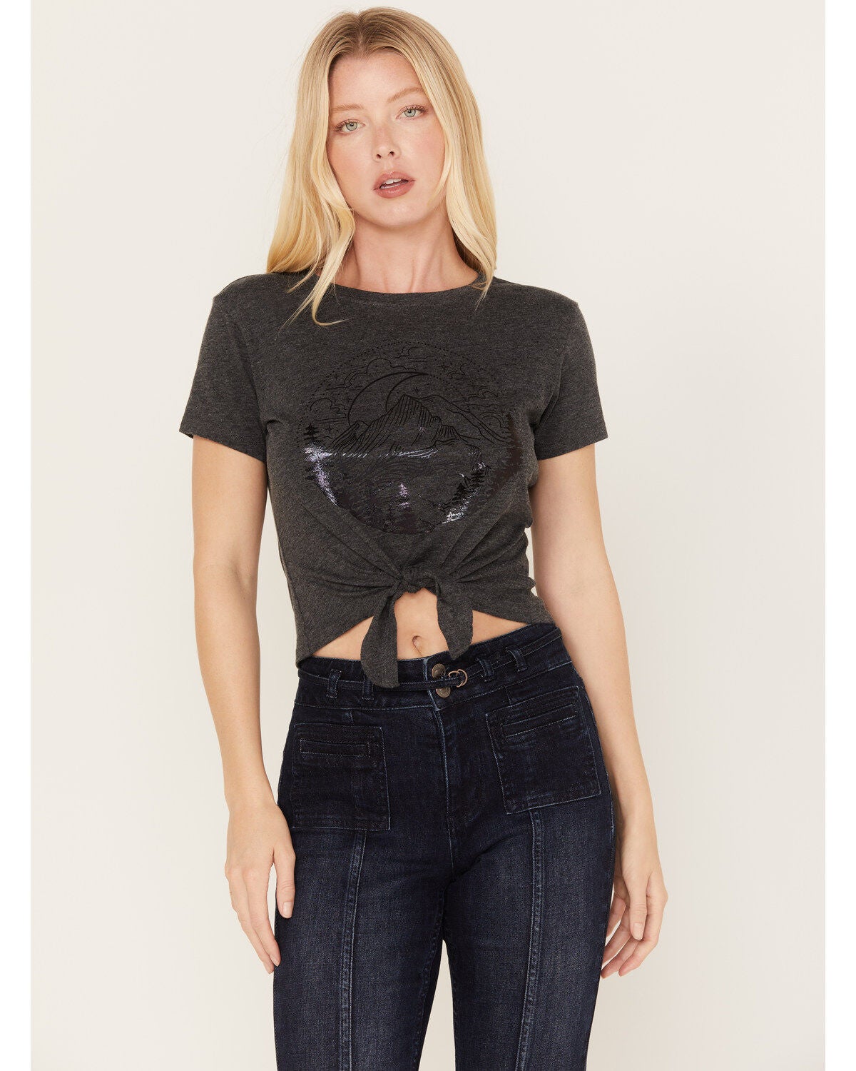 Shyanne Women's Tie-Front Foil Mountain Graphic Tee, Charcoal, hi-res