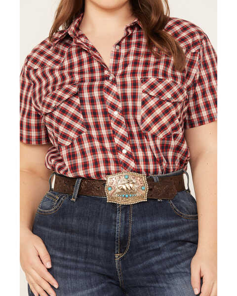 Roper Women's Plaid Print Short Sleeve Snap Western Shirt - Plus, Red, hi-res