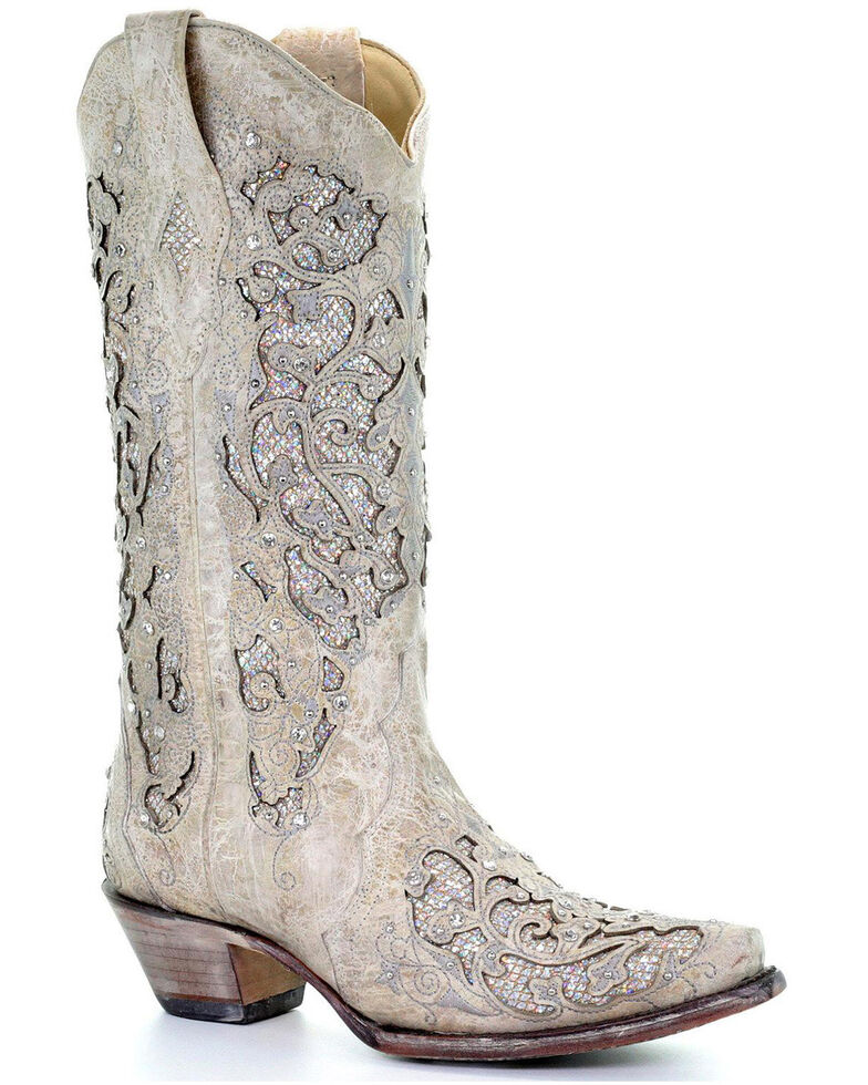 Corral Women's White Glitter Inlay Western Boots, White, hi-res